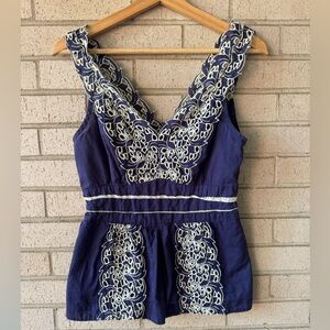 Anthropologie Floreat Embroidered Deep-V Top — Navy & Cream Eyelet | Size 8